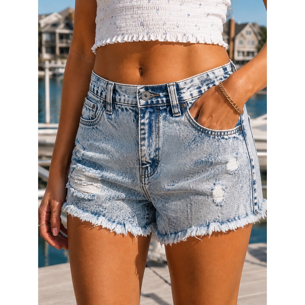 Forever 21 Premium Denim Acid Wash Distressed Jean Shorts Size 27 High Rise NWT